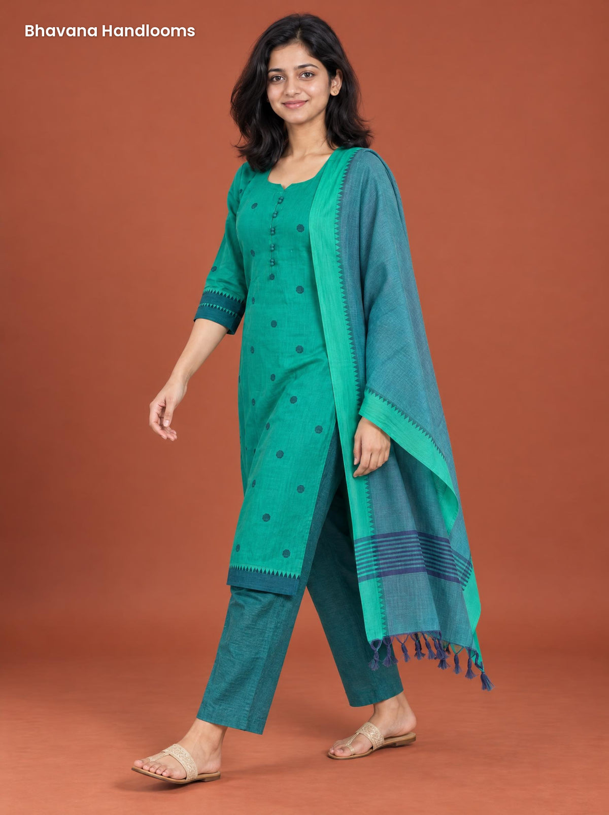 Mangalagiri Cotton 3PC Set with Full-Length Lining & Elastic Pocket Bottom – Teal & Navy Blue