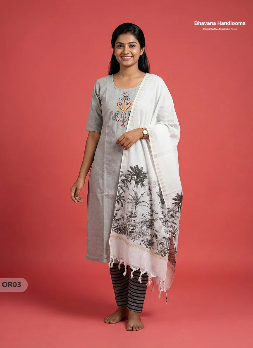 Cotton 3Pc Ready-to-Wear Kurti Set – White colour | No Lining