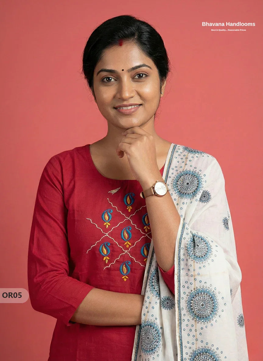 Cotton 3Pc Ready-to-Wear Kurti Set – Red colour | No Lining