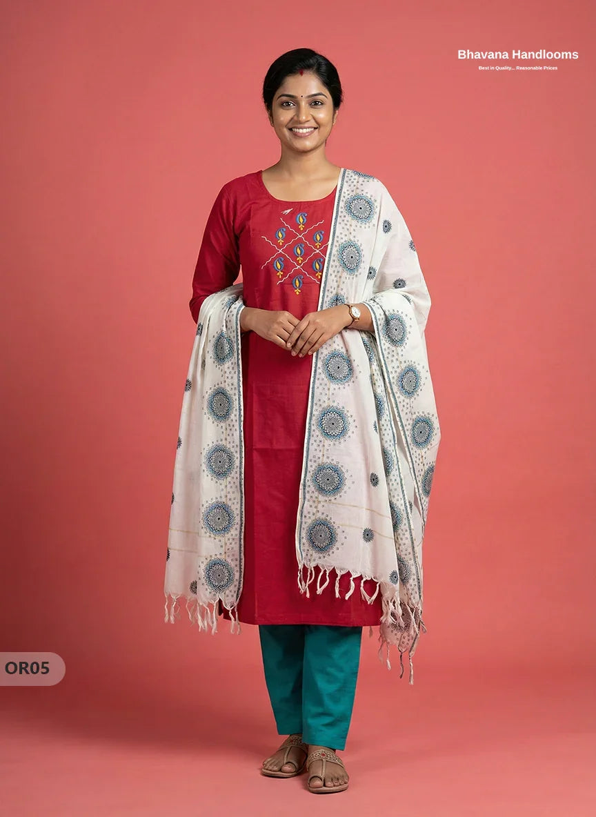 Cotton 3Pc Ready-to-Wear Kurti Set – Red colour | No Lining