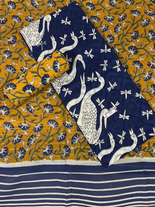 Kalamkari Cotton Hakoba Woven Print 3PC Dress Material Set in Classic Navy Blue | Traditional Handcrafted Elegance