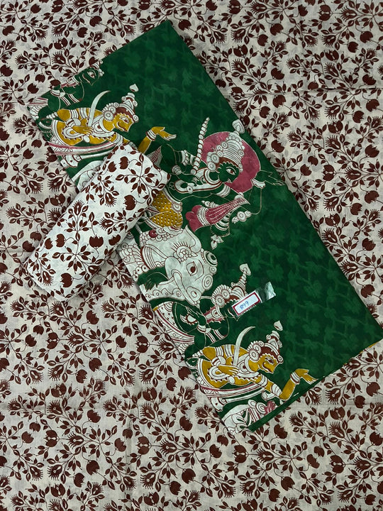 Kalamkari Cotton Hakoba Woven Print 3PC Dress Material Set in Forest Green | Traditional Handcrafted Elegance