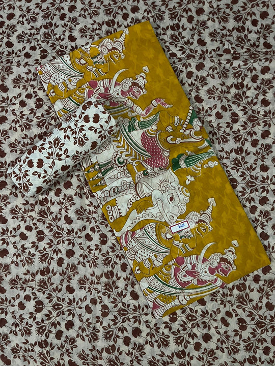 Kalamkari Cotton Hakoba Woven Print 3PC Dress Material Set in Mustard Yellow | Traditional Handcrafted Elegance