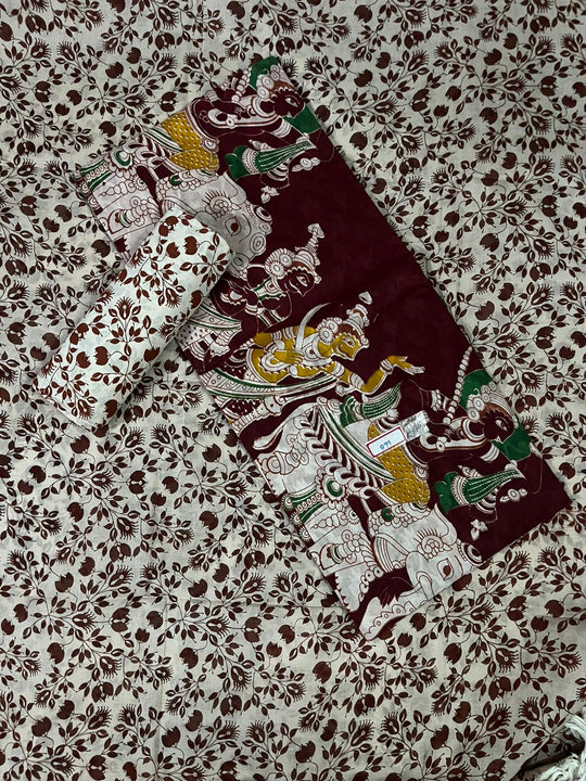 Kalamkari Cotton Hakoba Woven Print 3PC Dress Material Set in Rich Burgundy | Traditional Handcrafted Elegance