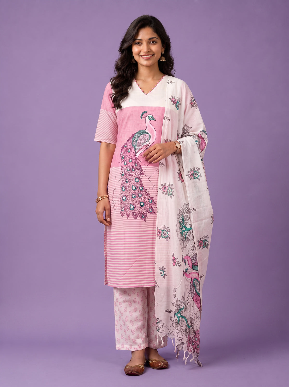 Madhubani Printed Peacock Design 3PC Kurti Set in Pink Colour with Printed Dupatta | Stylish Ethnic Wear | Ready to Wear