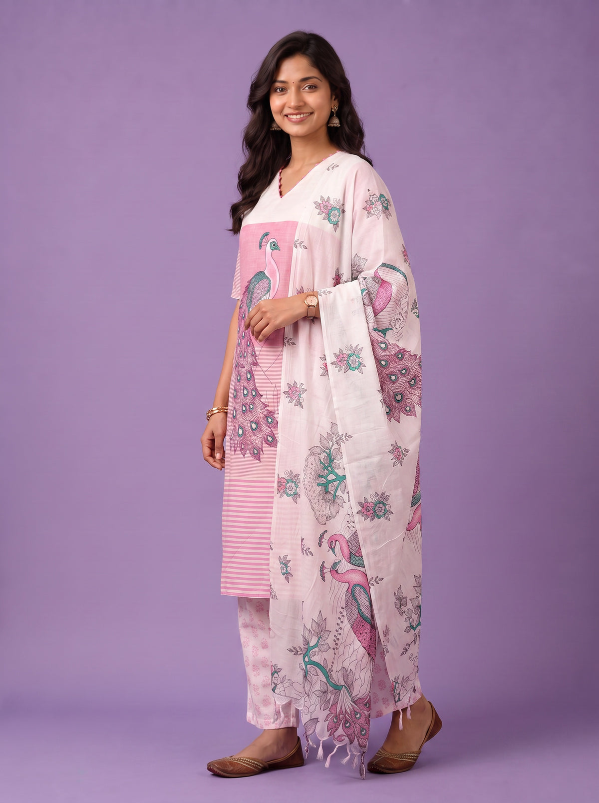 Madhubani Printed Peacock Design 3PC Kurti Set in Pink Colour with Printed Dupatta | Stylish Ethnic Wear | Ready to Wear