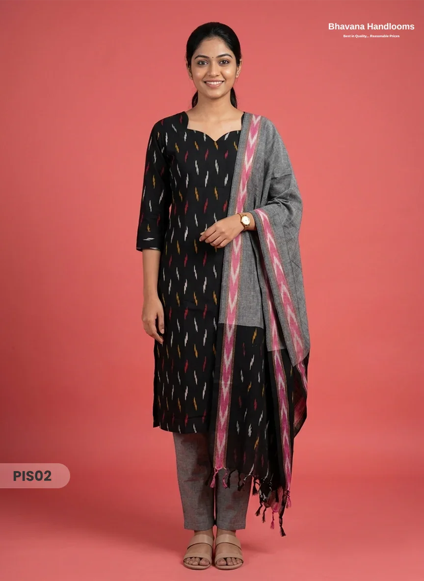 Pochampally Handloom Cotton Kurti Set Black β Star Neck, Elastic Bottom, Pocket | Premium Ethnic Wear