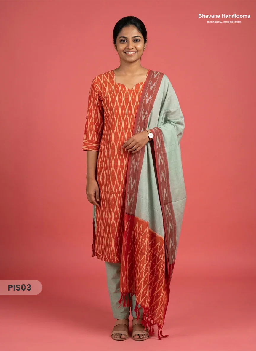 Pochampally Handloom Cotton Kurti Set Rust Orange – Star Neck, Elastic Bottom, Pocket | Premium Ethnic Wear