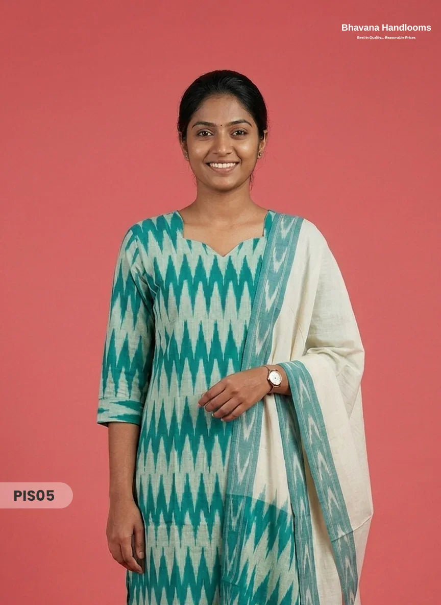 Pochampally Handloom Cotton Kurti Set Sea Green β Star Neck, Elastic Bottom, Pocket | Premium Ethnic Wear