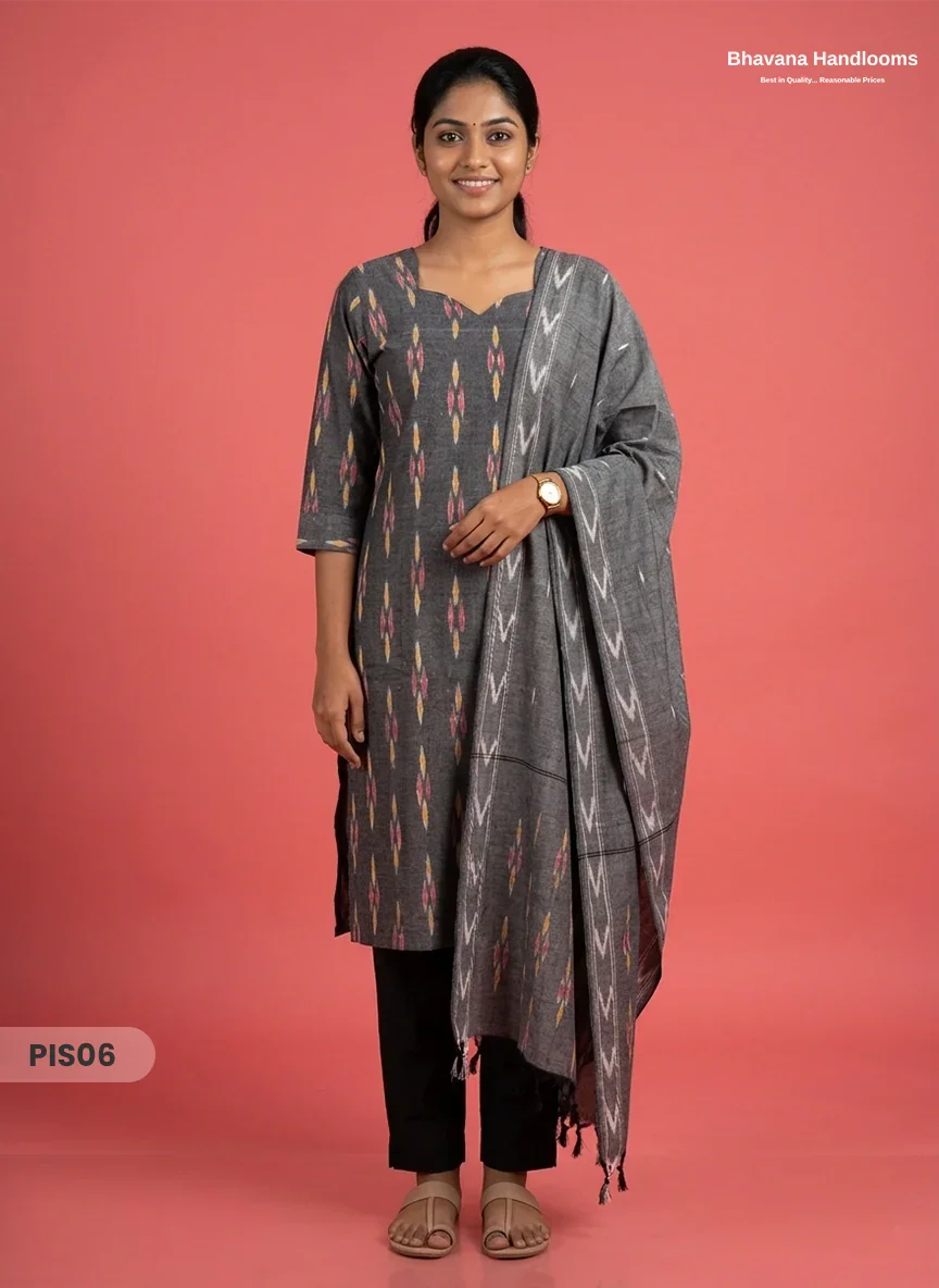Pochampally Handloom Cotton Kurti Set Charcoal Grey – Star Neck, Elastic Bottom, Pocket | Premium Ethnic Wear