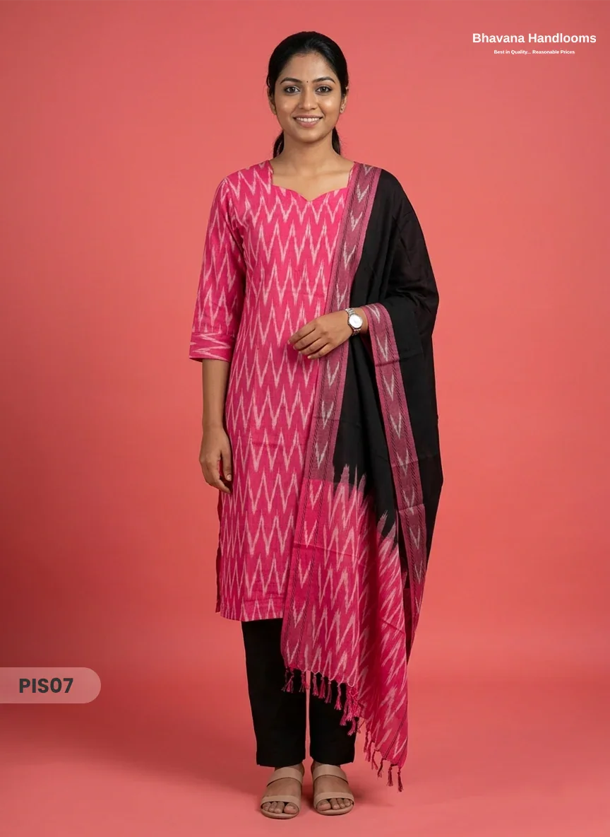 Pochampally Handloom Cotton Kurti Set Rani Pink β Star Neck, Elastic Bottom, Pocket | Premium Ethnic Wear