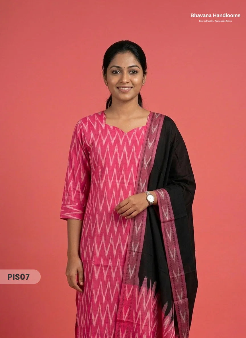 Pochampally Handloom Cotton Kurti Set Rani Pink β Star Neck, Elastic Bottom, Pocket | Premium Ethnic Wear
