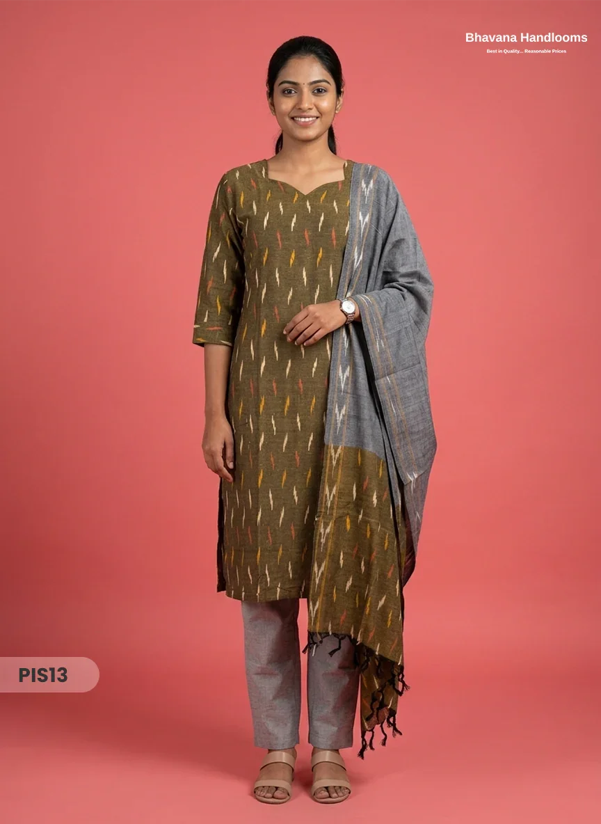 Pochampally Handloom Cotton Kurti Set Olive Green – Star Neck, Elastic Bottom, Pocket | Premium Ethnic Wear
