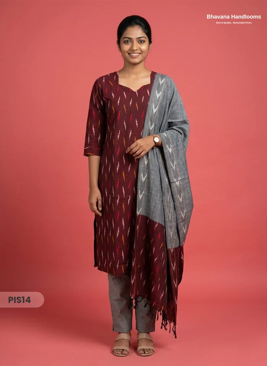 Pochampally Handloom Cotton Kurti Set Wine Red β Star Neck, Elastic Bottom, Pocket | Premium Ethnic Wear