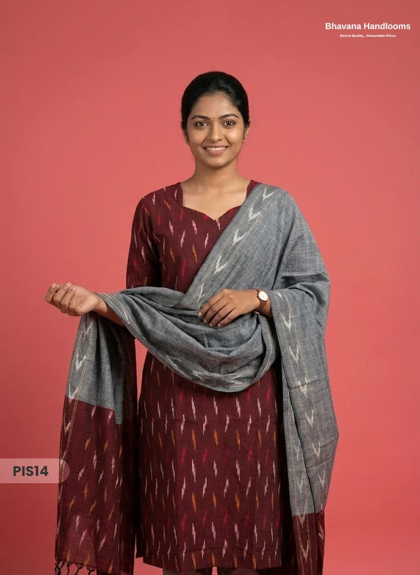 Pochampally Handloom Cotton Kurti Set Wine Red β Star Neck, Elastic Bottom, Pocket | Premium Ethnic Wear