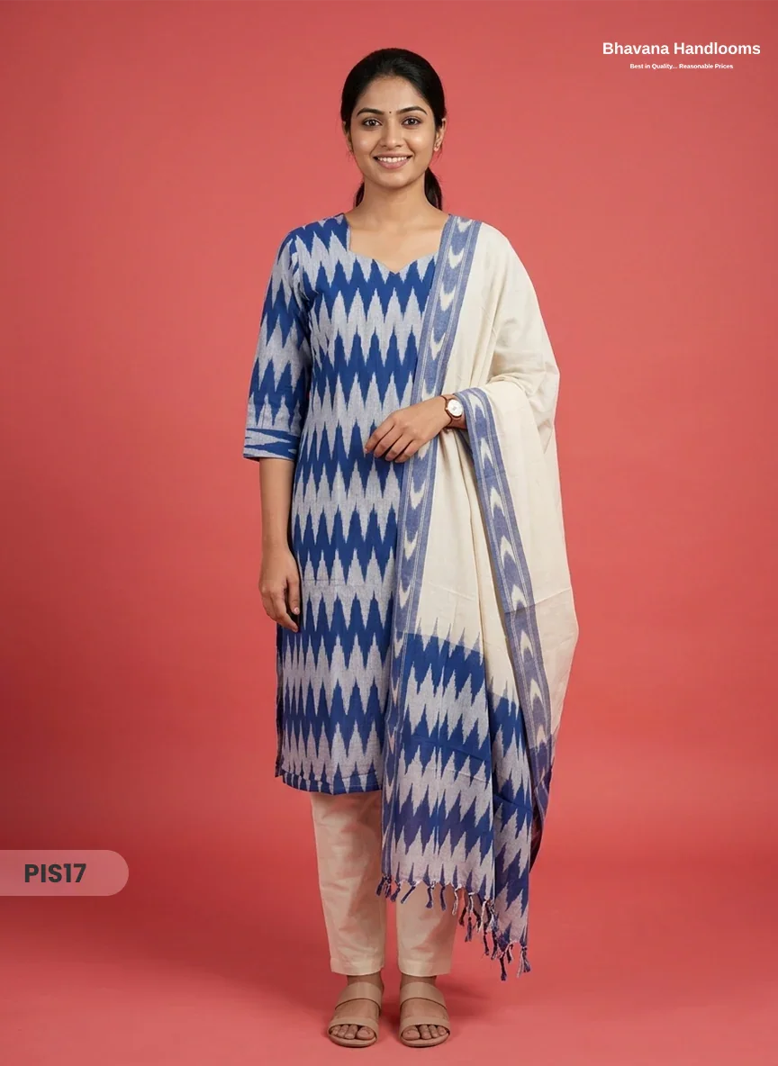 Pochampally Handloom Cotton Kurti Set Royal Blue – Star Neck, Elastic Bottom, Pocket | Premium Ethnic Wear