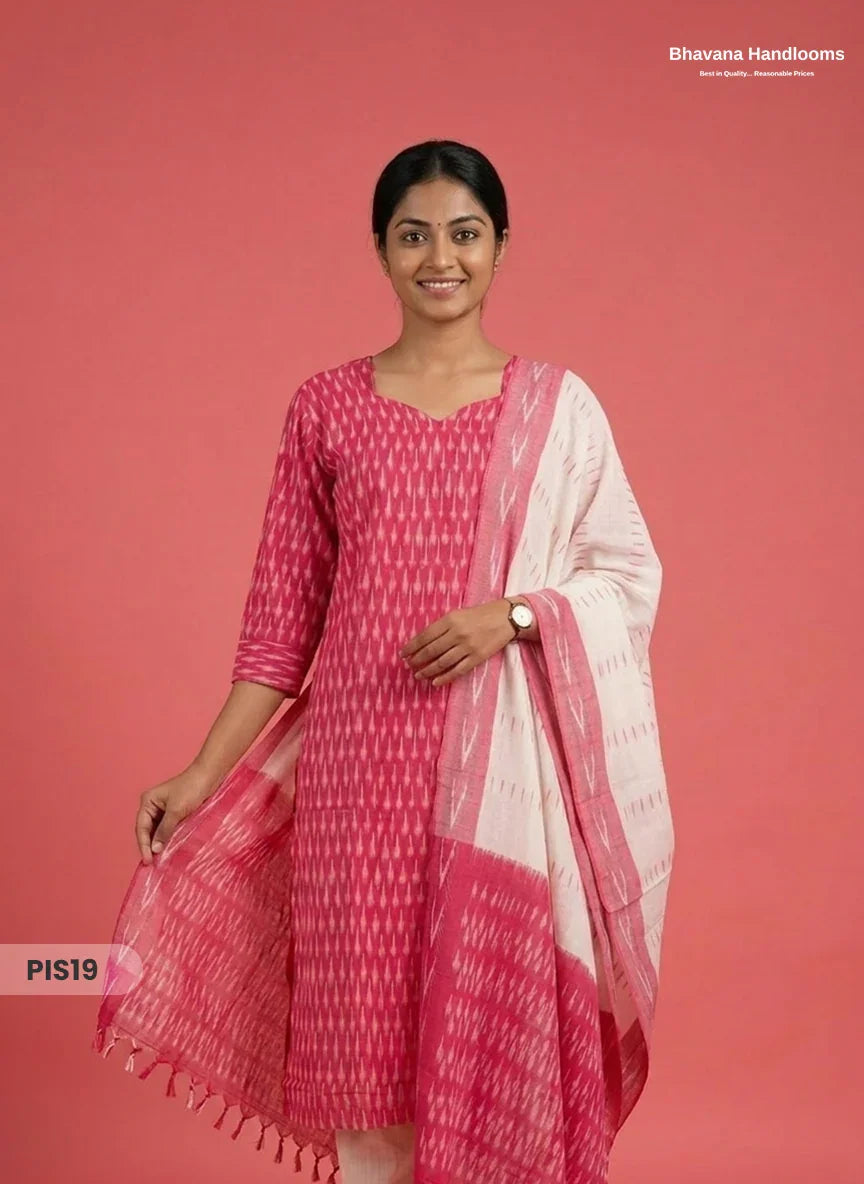 Pochampally Handloom Cotton Kurti Set Rani Pink – Star Neck, Elastic Bottom, Pocket | Premium Ethnic Wear