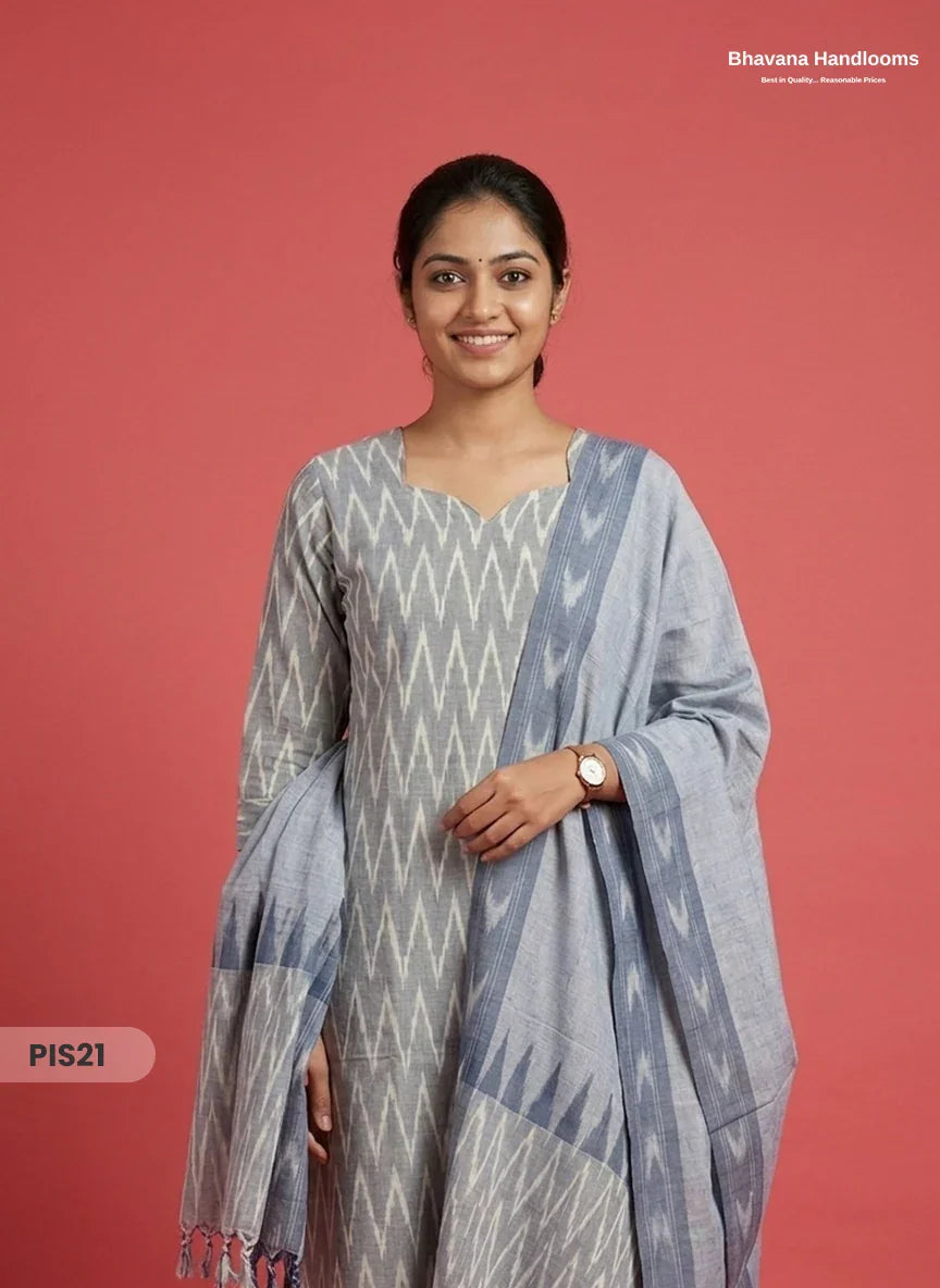 Pochampally Handloom Cotton Kurti Set Light Ash Grey β Star Neck, Elastic Bottom, Pocket | Premium Ethnic Wear