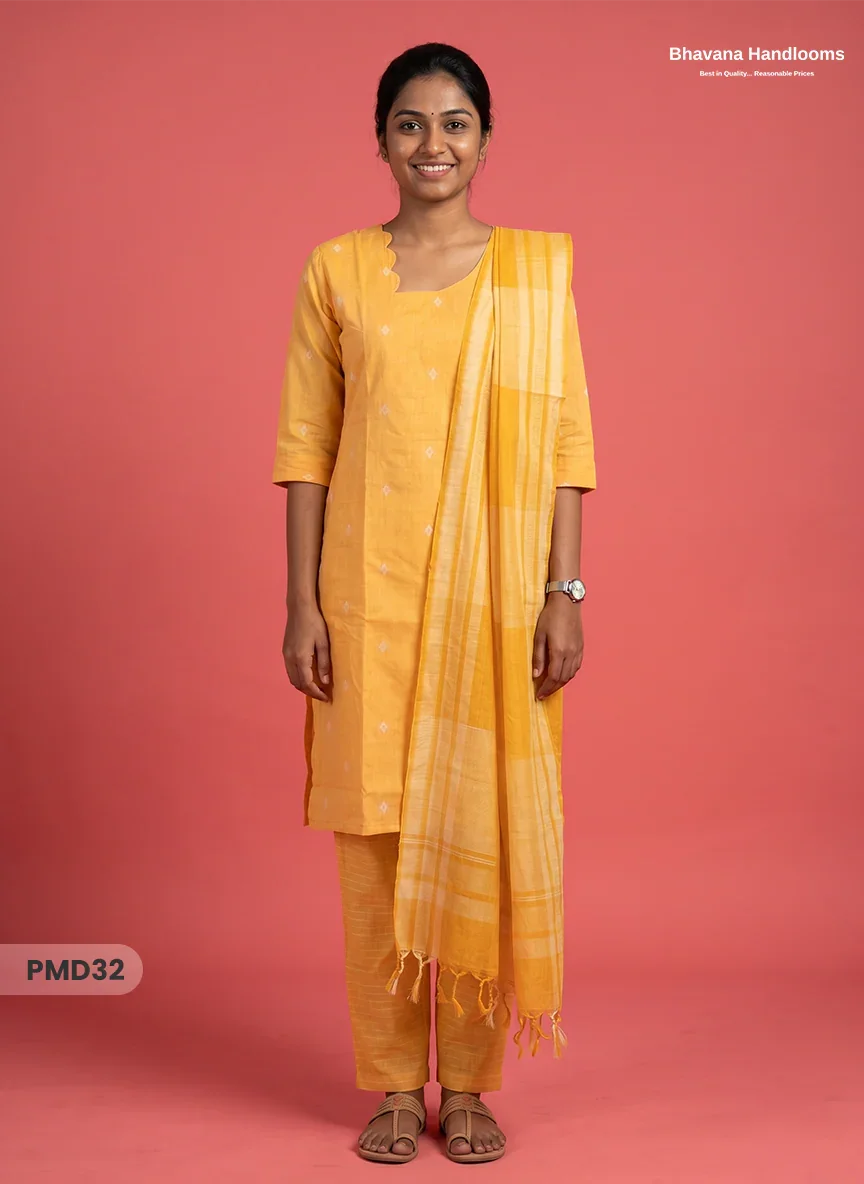 Handloom Jacquard 3pc Suit Set – Yellow with Pocket, Elastic Bottom & Full Lining