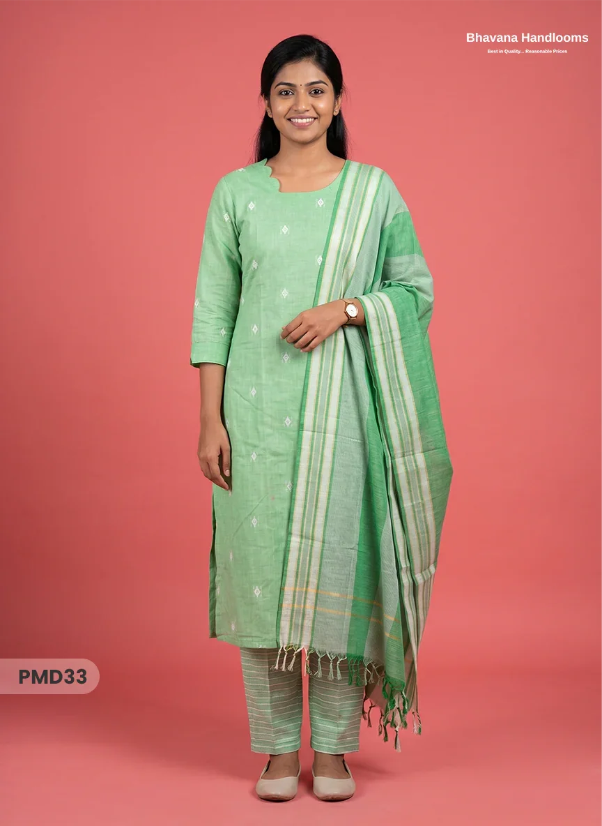 Handloom Jacquard 3pc Suit Set – Fresh Mint Green with Pocket, Elastic Bottom & Full Lining