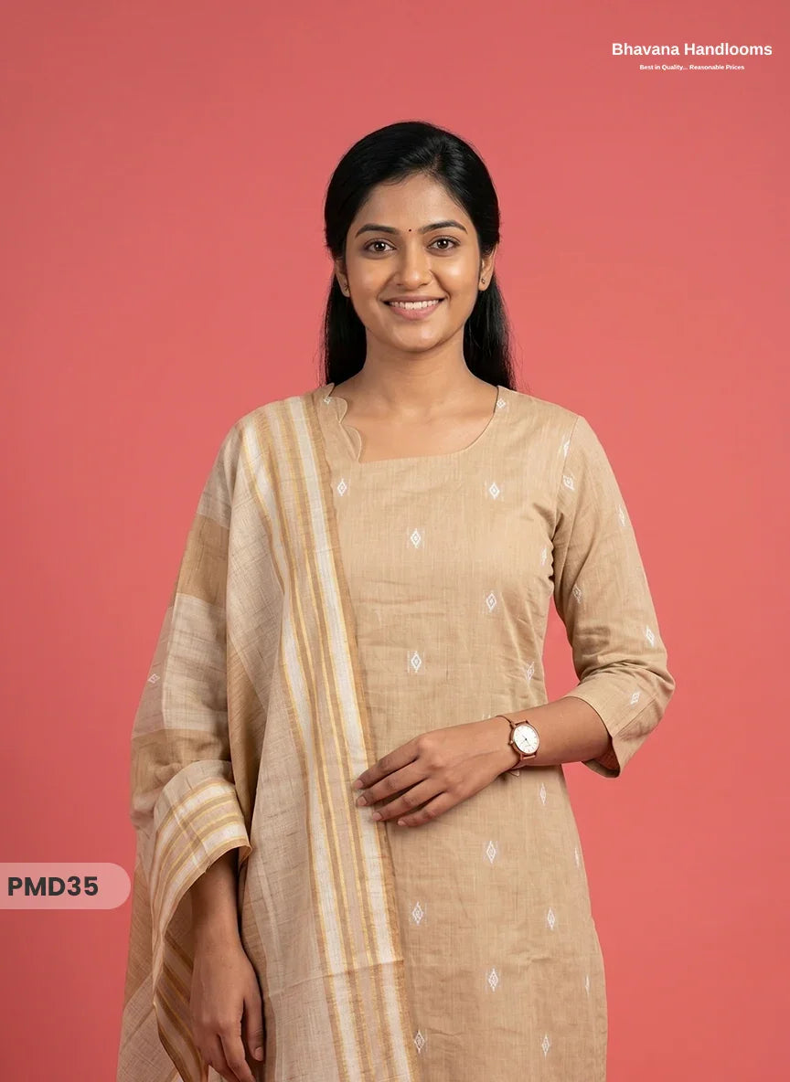Handloom Jacquard 3pc Suit Set – Light Beige with Pocket, Elastic Bottom & Full Lining