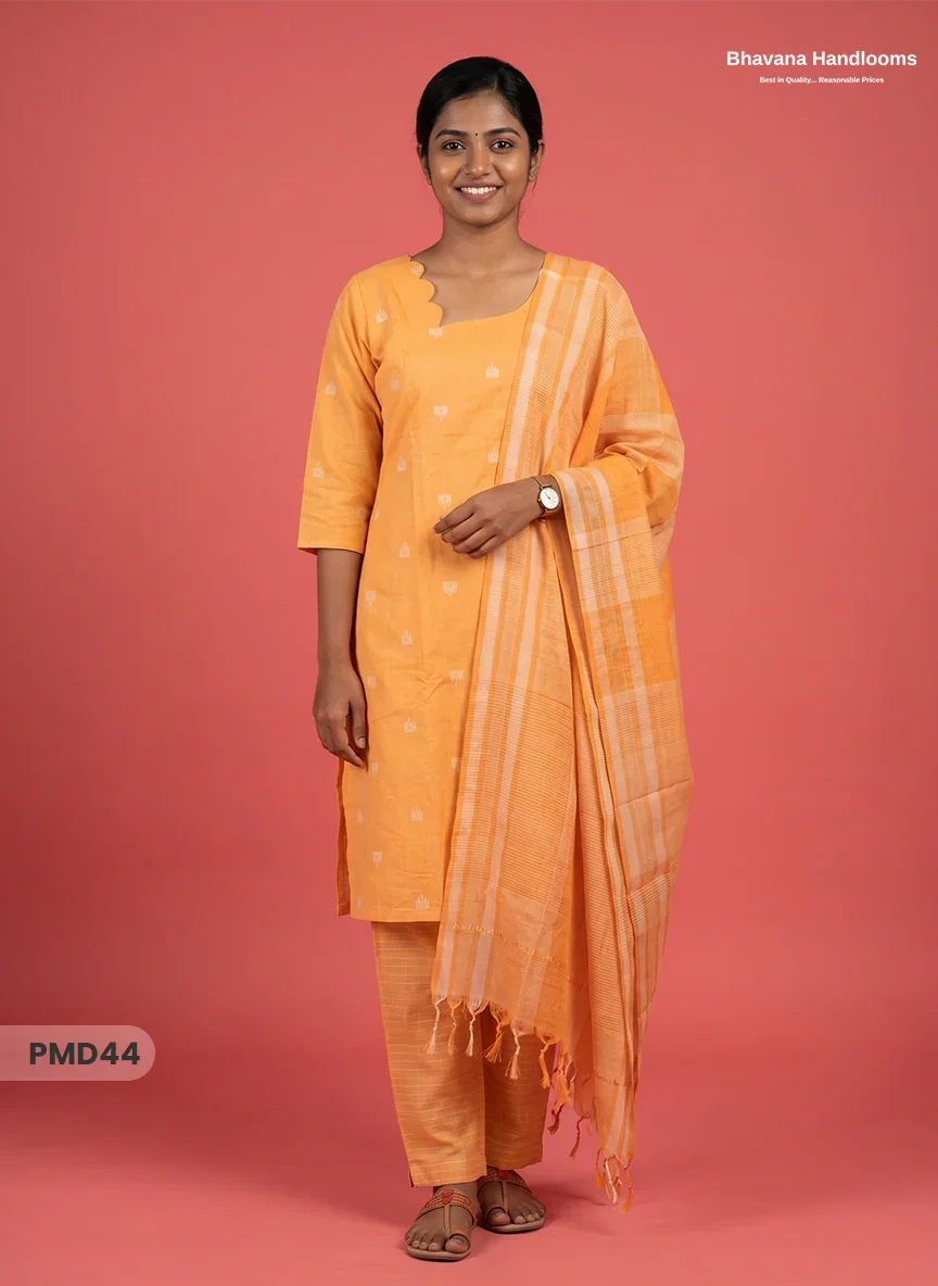 Handloom Jacquard 3pc Suit Set – Warm Golden Yellow with Pocket, Elastic Bottom & Full Lining