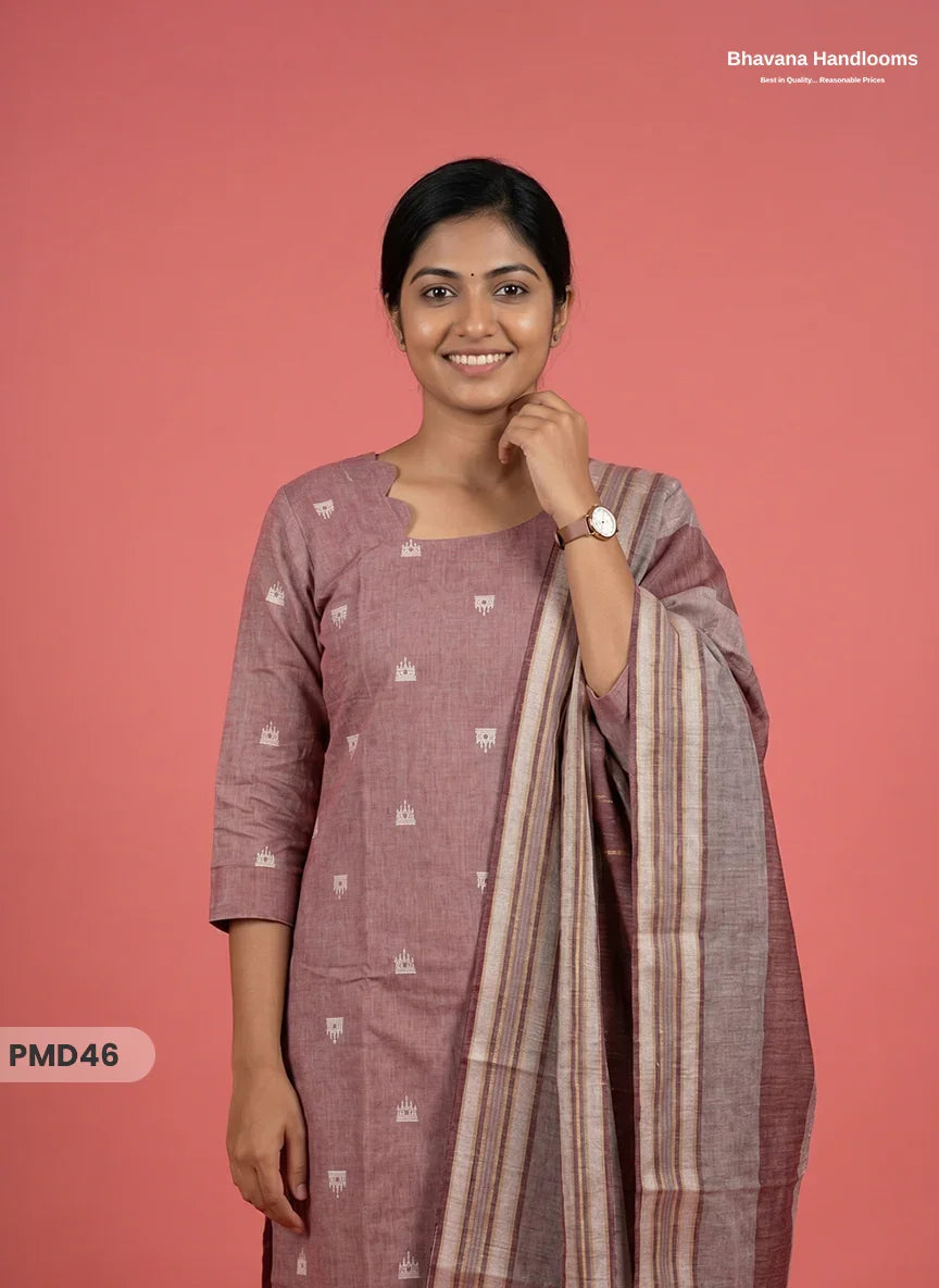 Handloom Jacquard 3pc Suit Set – Dusty Rose with Pocket, Elastic Bottom & Full Lining