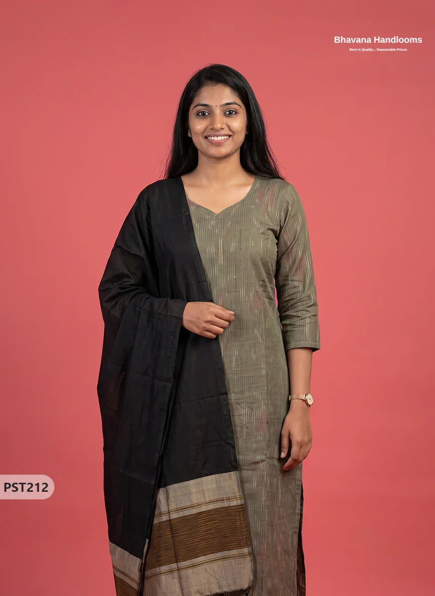 Pochampally Semi Pattu 3PC Kurti Set in Olive Grey Colour | Ready-to-Wear Ethnic Wear