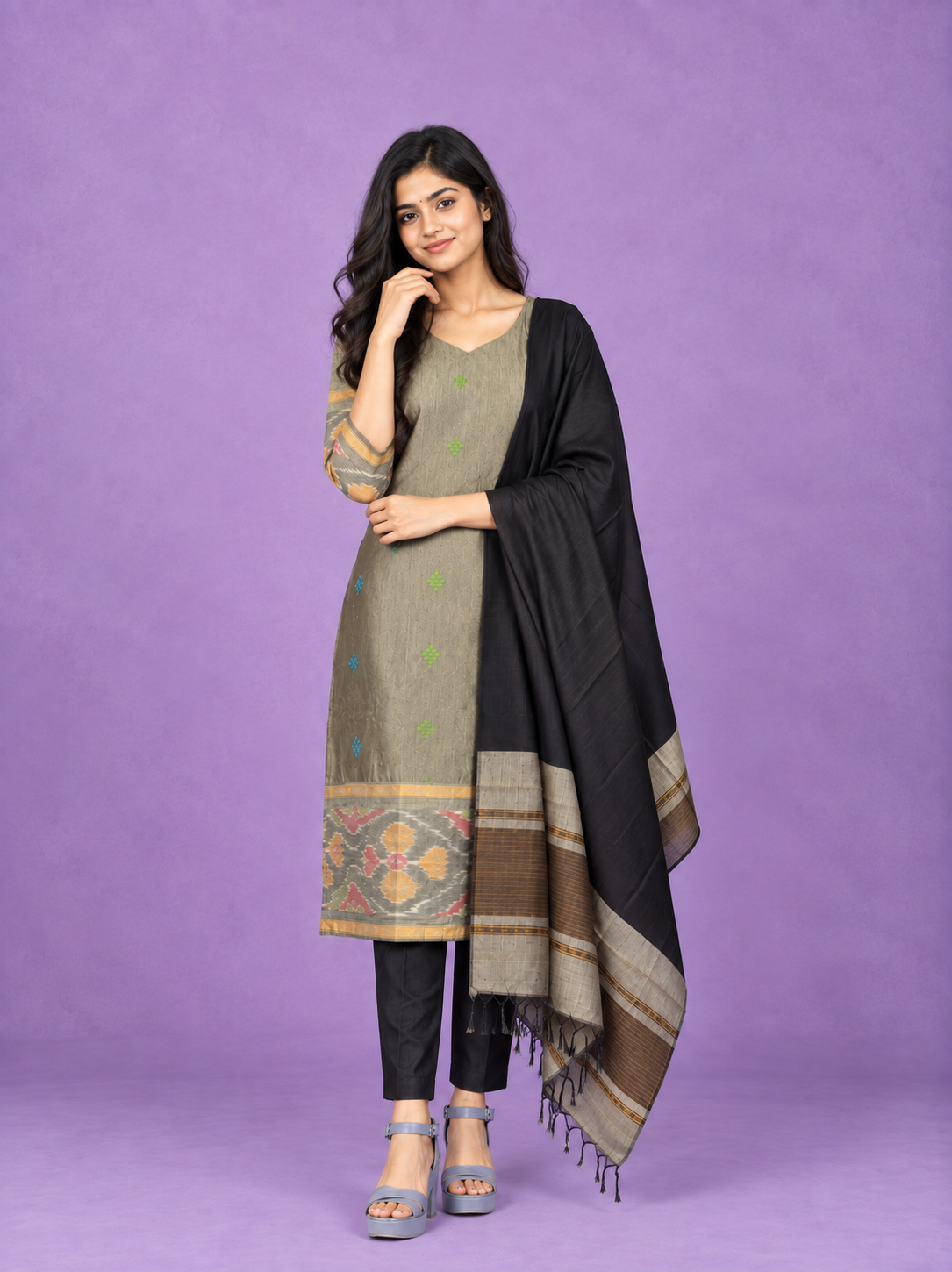 Pochampally Semi Pattu 3PC Kurti Set in Olive Gray Colour | Ready-to-Wear Ethnic Wear