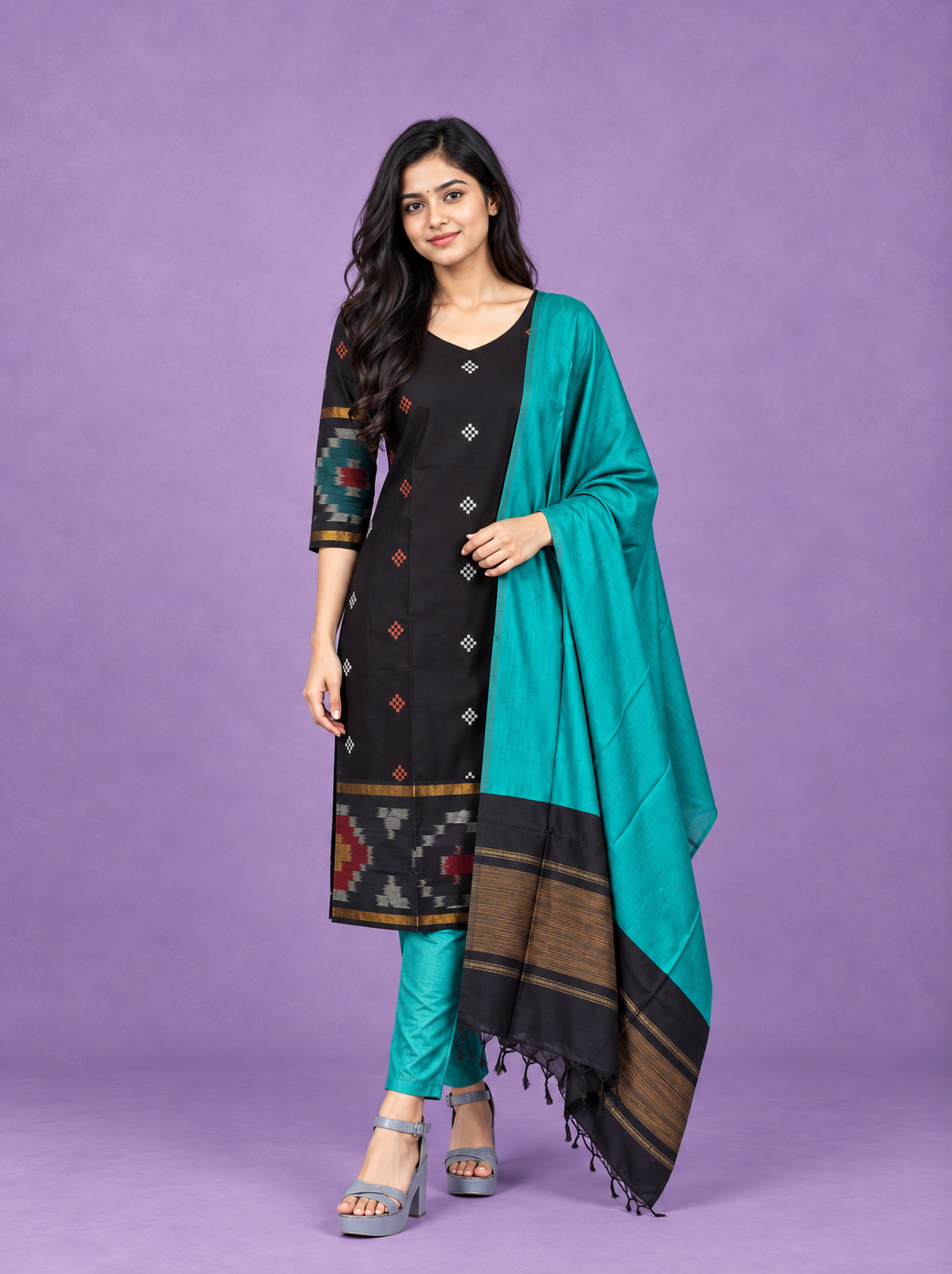 Pochampally Semi Pattu 3PC Kurti Set in Black Colour | Ready-to-Wear Ethnic Wear