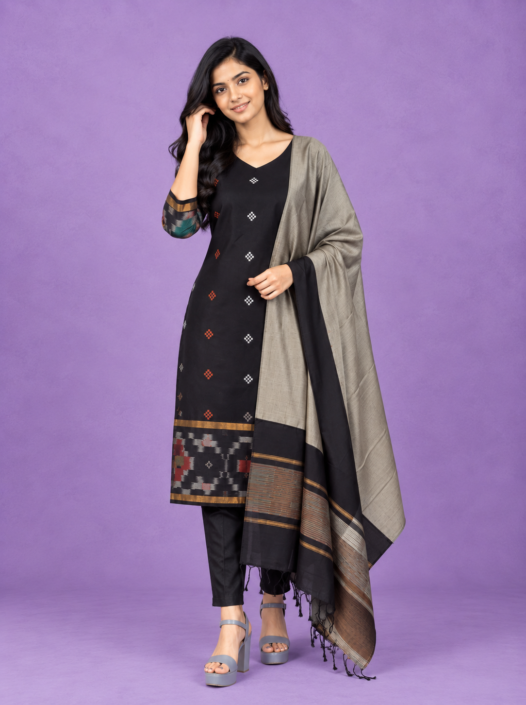 Pochampally Semi Pattu 3PC Kurti Set in Black Colour | Ready-to-Wear Ethnic Wear