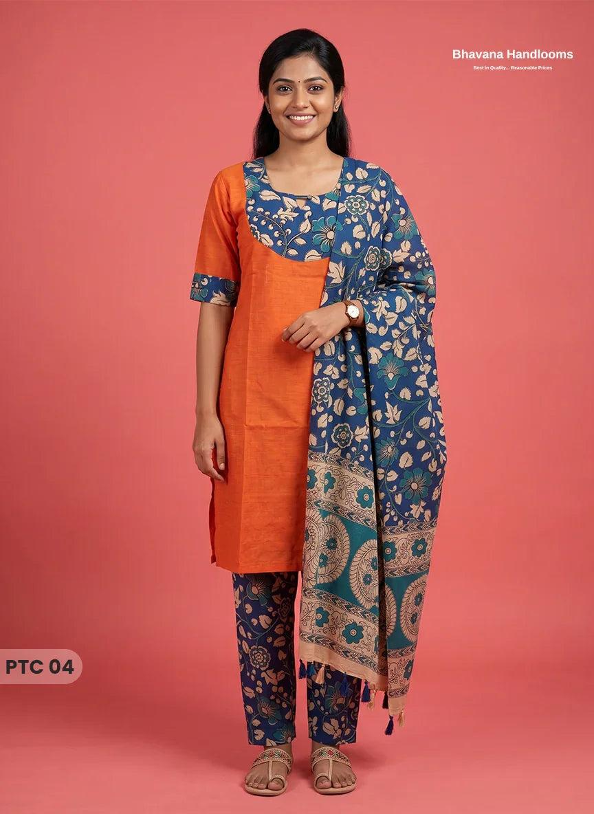 Premium Kalamkari Kurti Set with Dupatta & Elastic Waist Pocket Pant | Bright Orange Colour