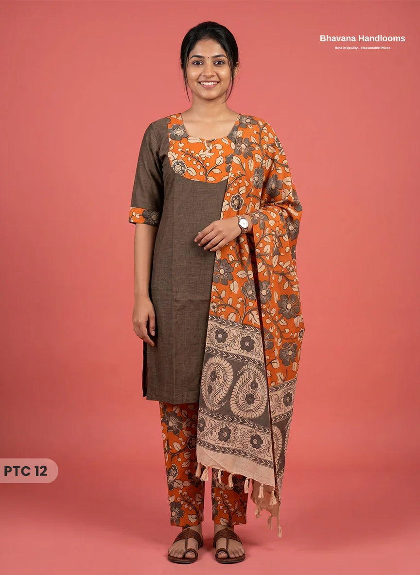 Premium Kalamkari Kurti Set with Dupatta & Elastic Waist Pocket Pant | Dark Brown Colour