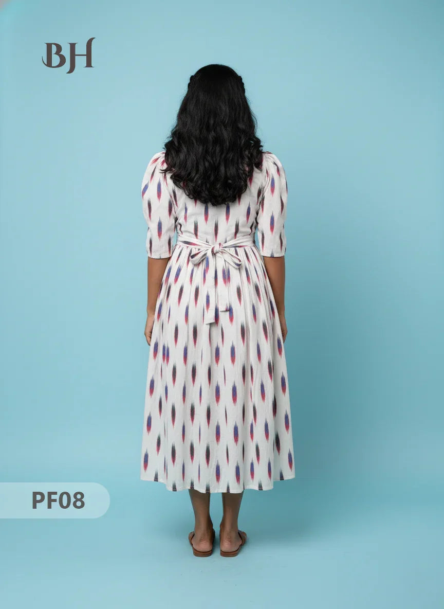 Handcrafted Pochampally Half White Cotton Frock with Knot Detailing – Ethnic Wear for Women