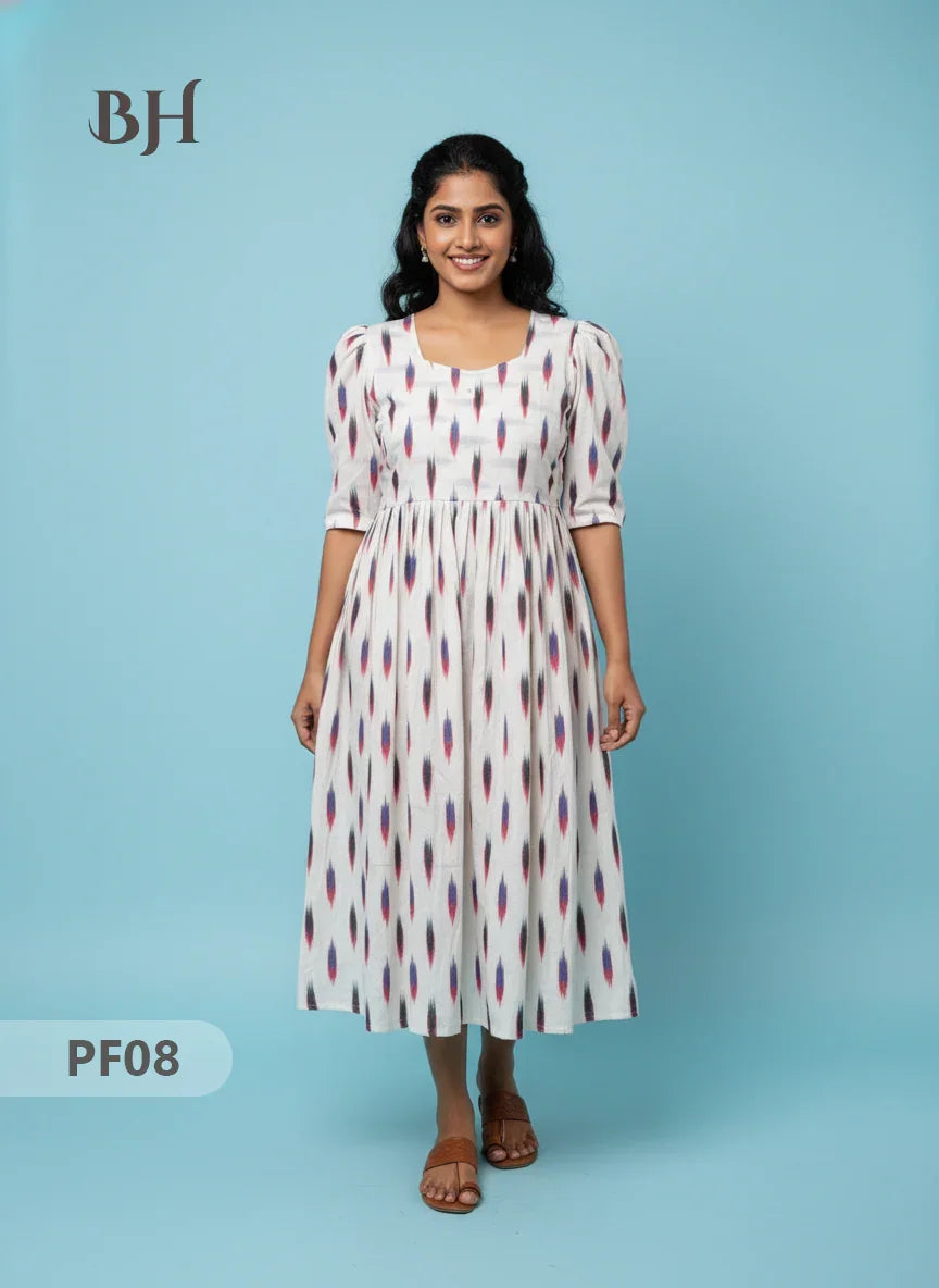 Handcrafted Pochampally Half White Cotton Frock with Knot Detailing – Ethnic Wear for Women