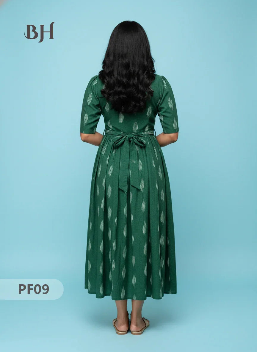 Handcrafted Pochampally Dark Green Cotton Frock with Knot Detailing – Ethnic Wear for Women