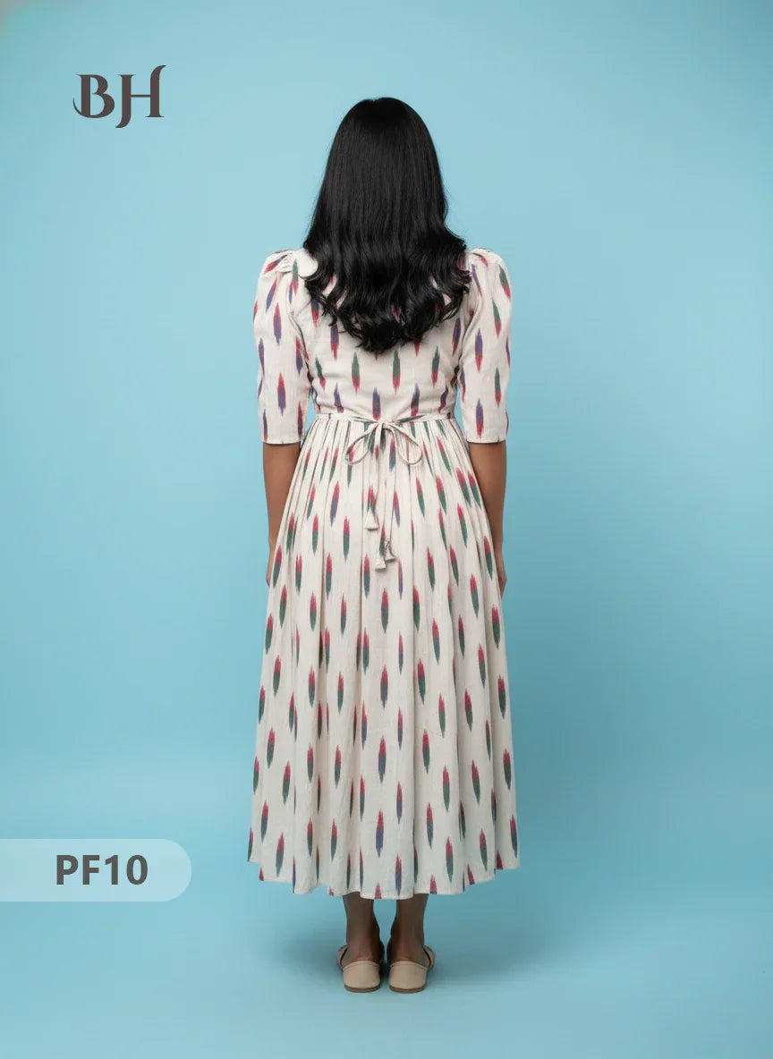 Handcrafted Pochampally Half White Cotton Frock with Knot Detailing – Ethnic Wear for Women