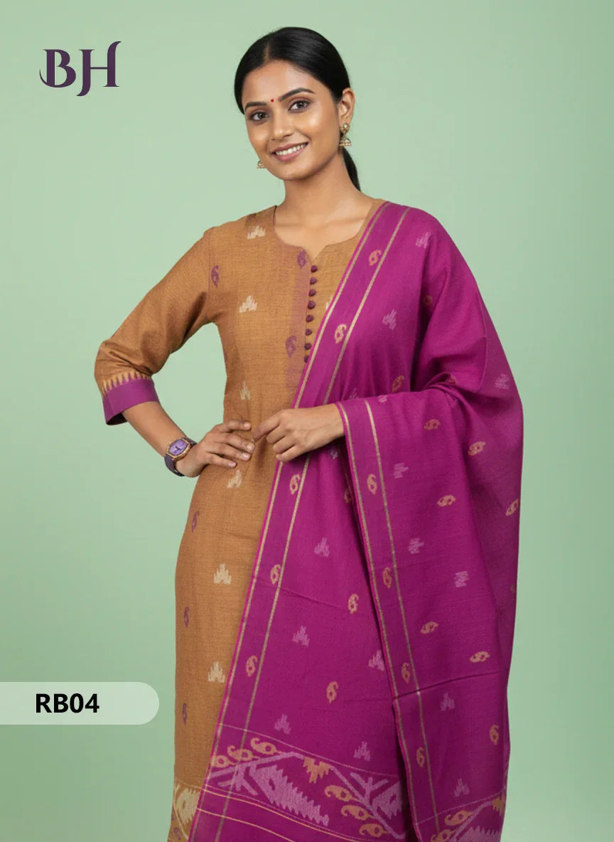 Women’s Handloom Printed Cotton Suit Set with Potli Balls – Yellow and Purple Double weave Colour