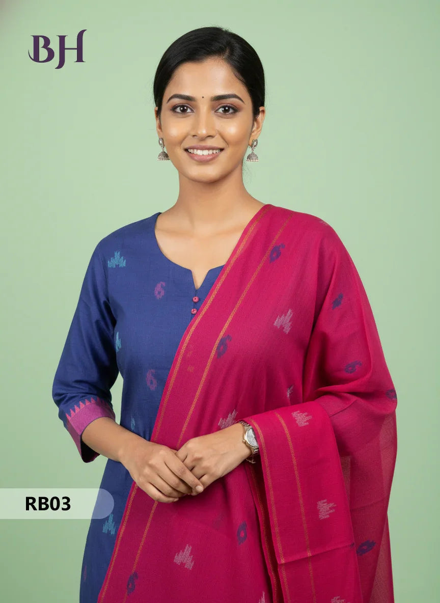 Women’s Handloom Printed Cotton Suit Set with Potli Balls – Blue and Dark Blue Double weave Colour