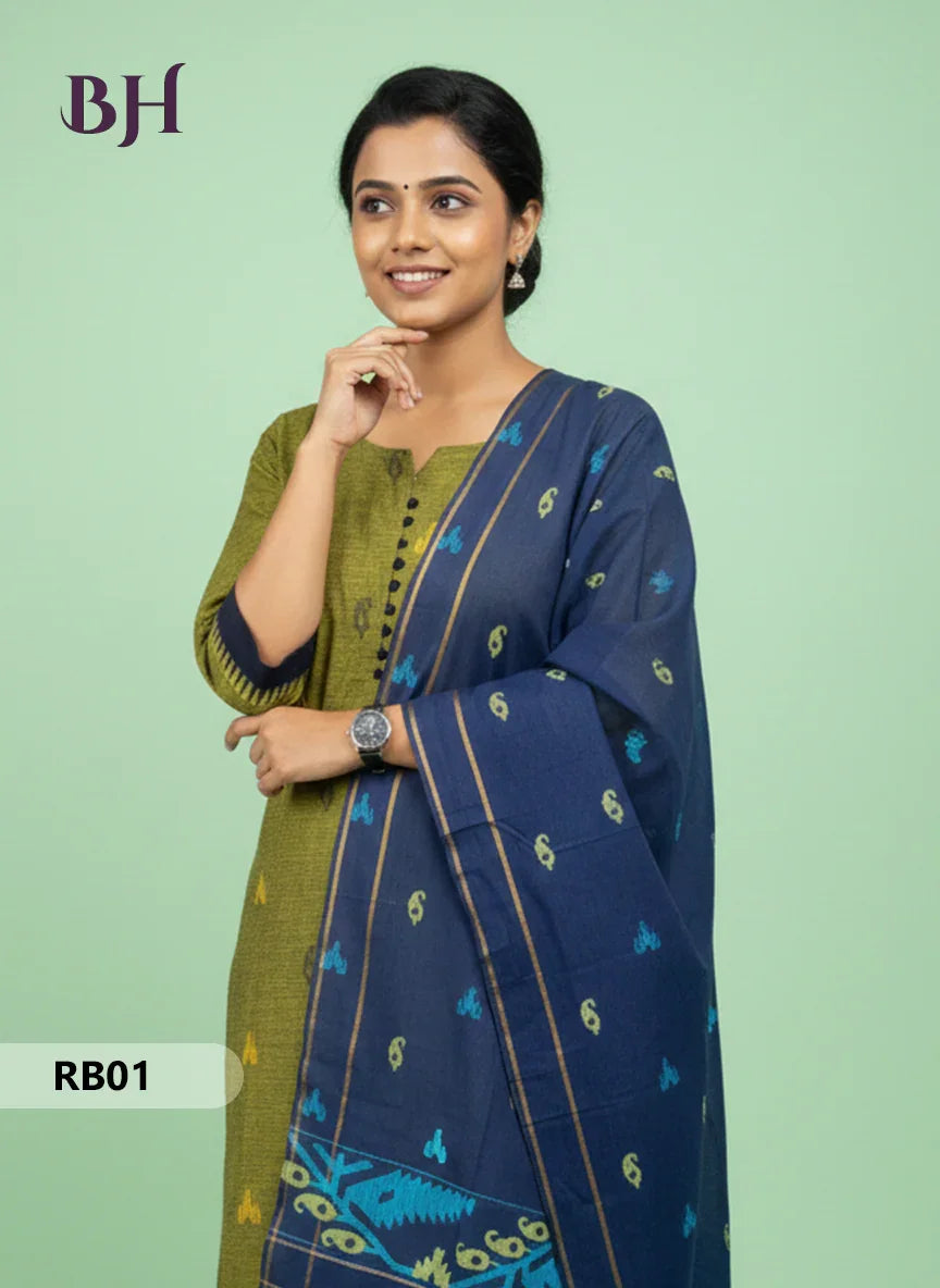 Women’s Handloom Printed Cotton Suit Set with Potli Balls – Black and Green Double weave Colour
