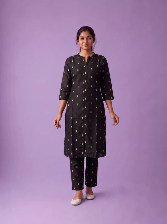 Premium Raw Silk Co-Ord Set in Black Colour with Elastic Bottom | Ready to Wear