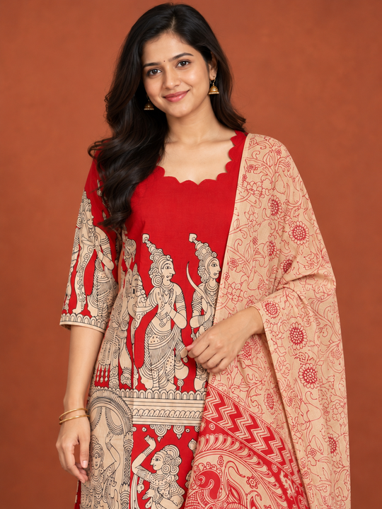 Red Kalamkari Ramayanam 3PC Kurti Set with Elastic Bottom