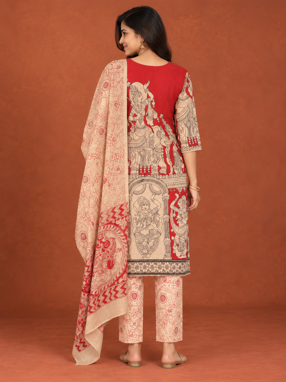 Red Kalamkari Ramayanam 3PC Kurti Set with Elastic Bottom