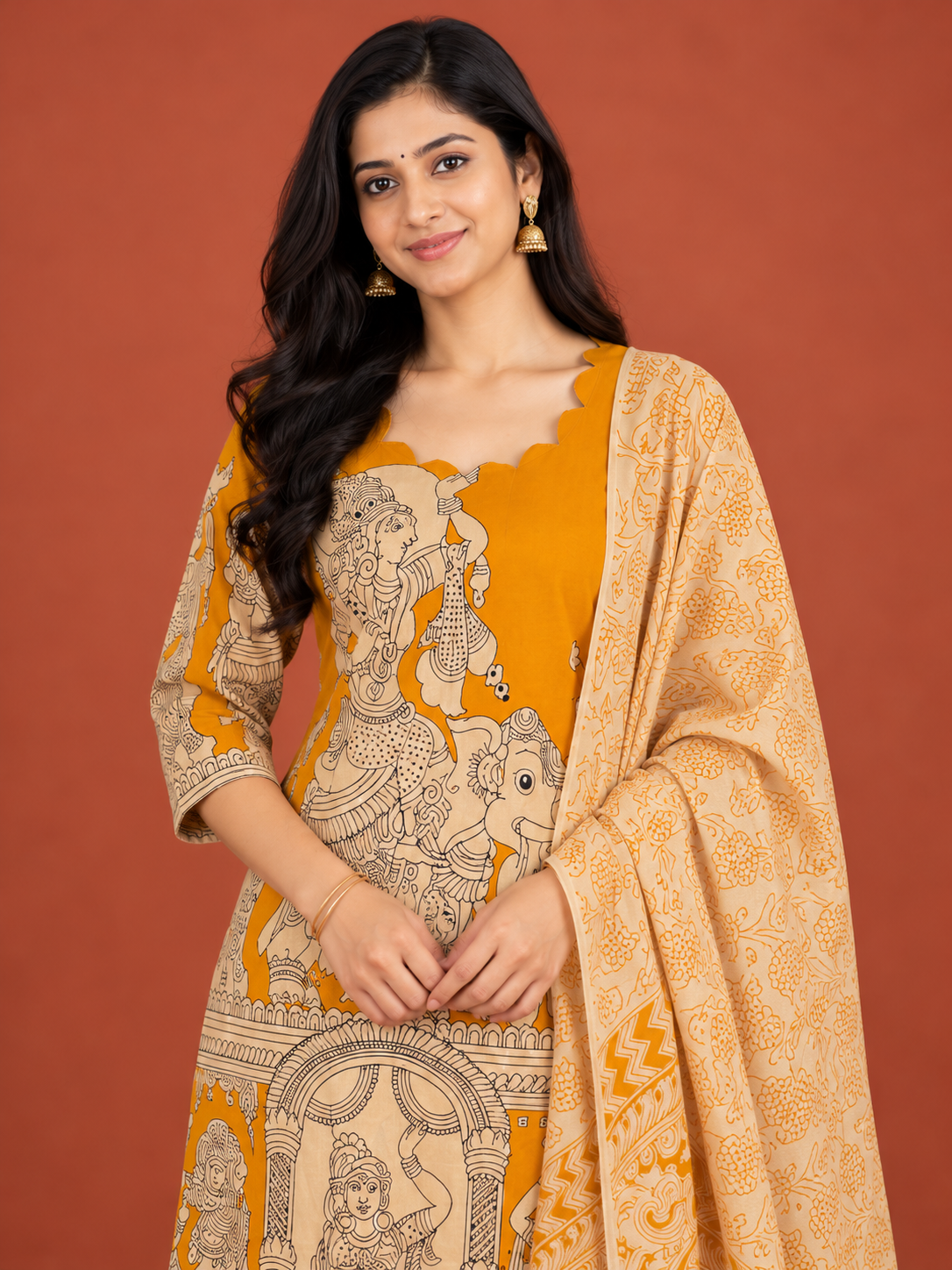 Premium Kalamkari Ramayanam Design 3PC Kurti Set with Elastic Bottom | Yellow Ethnic Wear