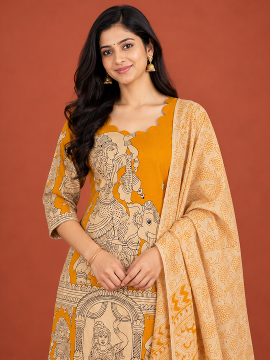 Turmeric Yellow Kalamkari Ramayanam 3PC Kurti Set with Elastic Bottom