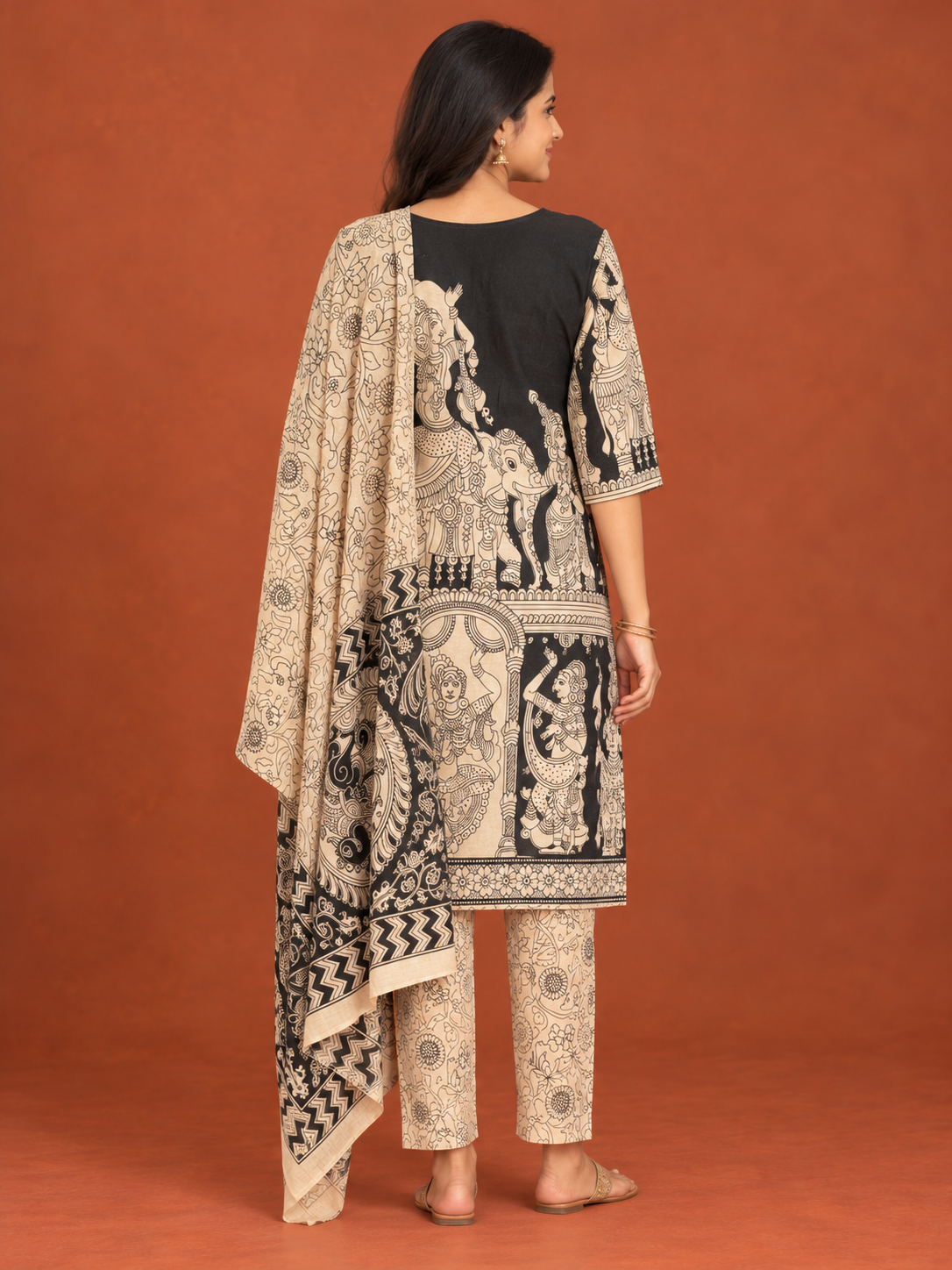 Black Kalamkari Ramayanam 3PC Kurti Set with Elastic Bottom
