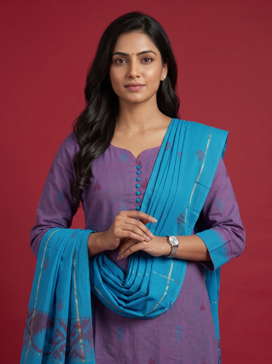 Women’s Handloom Printed Cotton Suit Set with Potli Balls –Dusty Purple & Pacific Blue Double weave Colour
