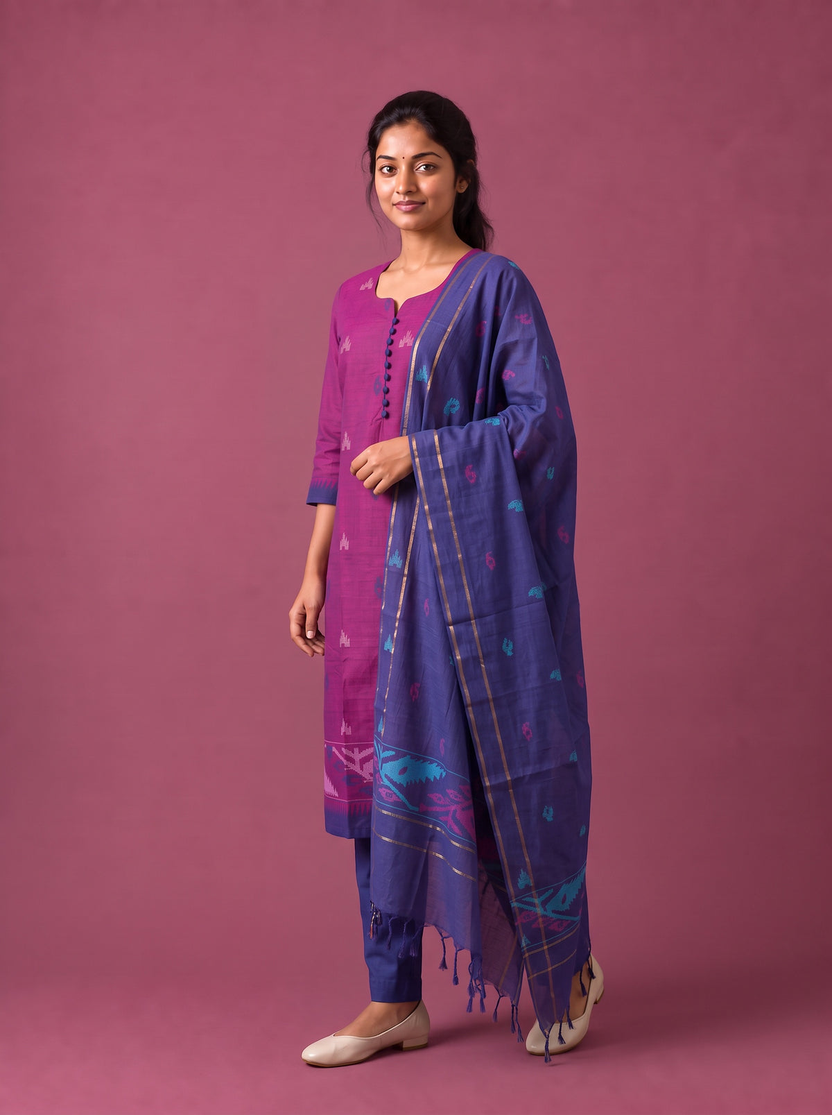 Women’s Handloom Printed Cotton Suit Set in Magenta Pink & Royal Blue Double Weave Colour with Potli Balls | Ready to Wear