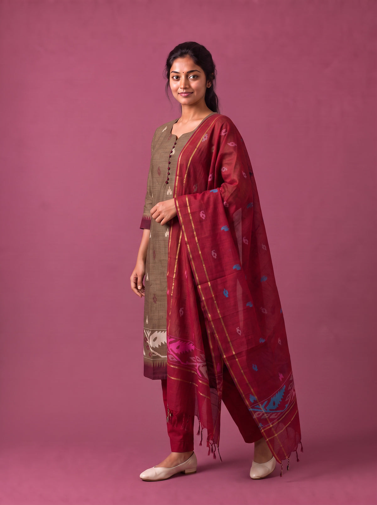 Women’s Handloom Printed Cotton Suit Set in Coffee Brown & Maroon Double Weave Colour with Potli Balls | Ready to Wear