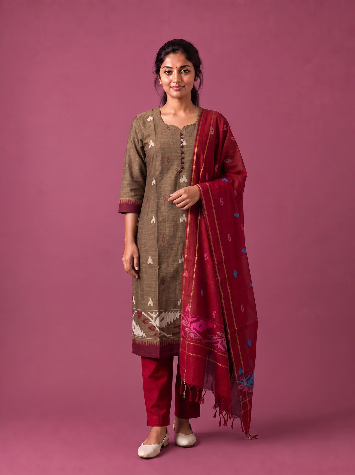 Women’s Handloom Printed Cotton Suit Set in Coffee Brown & Maroon Double Weave Colour with Potli Balls | Ready to Wear